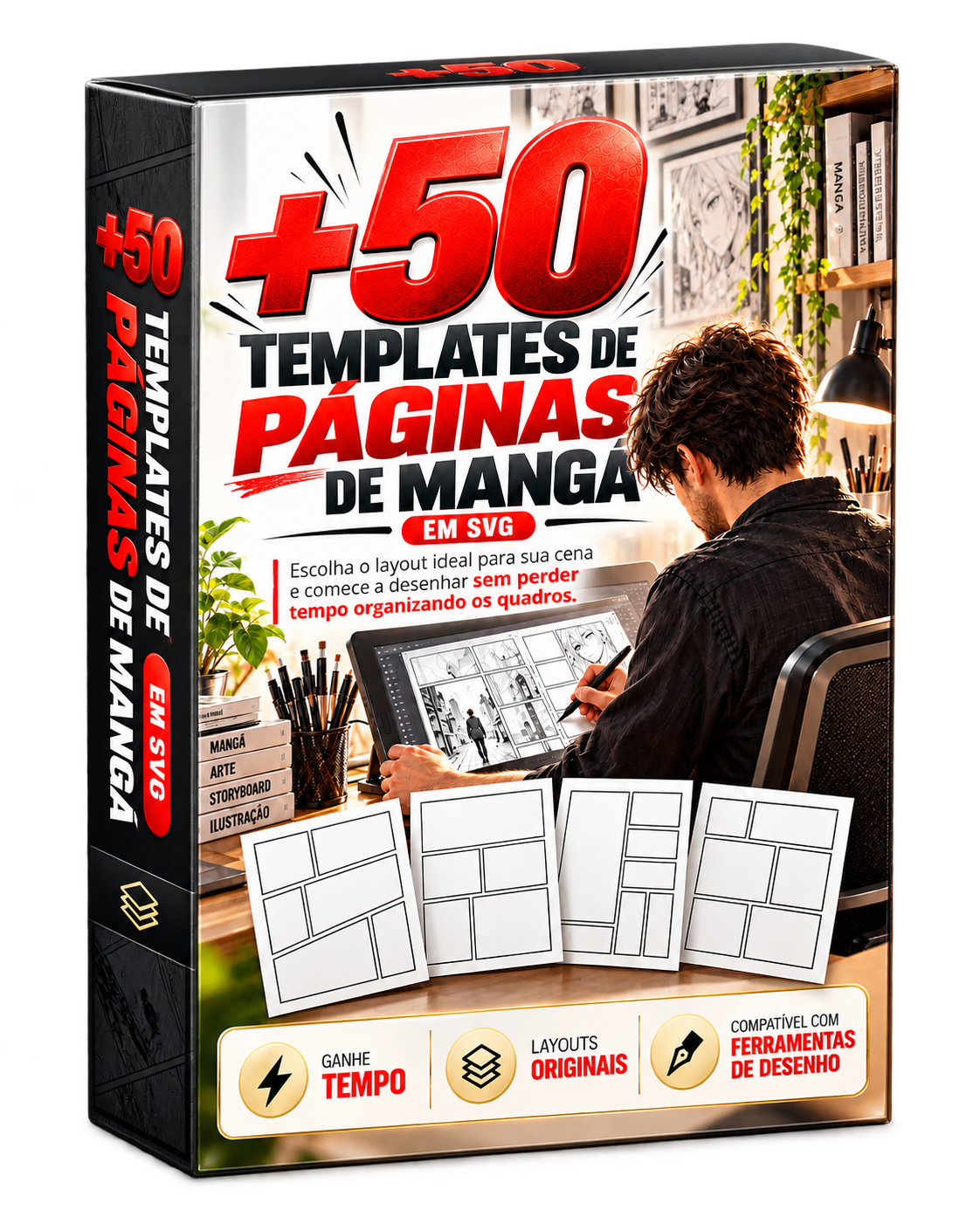 Mockup 3D do produto +50 templates prontos de páginas de mangá